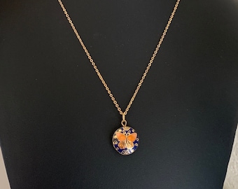 Beautiful Small Double Sided Cloisonné Butterfly and Flower Pendant on Gold Glitter Chain