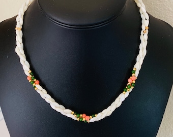 Three Twisted Layers of Genuine Mother of Pearl Rice Shaped 3mm by 8mm Beads With Genuine Jade and Coral and Gold Bead Accents