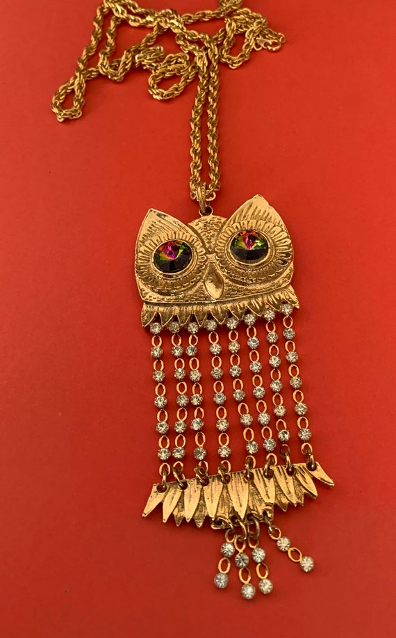 Articulated Owl Pendant Necklace With Rainbow Rho… - image 2