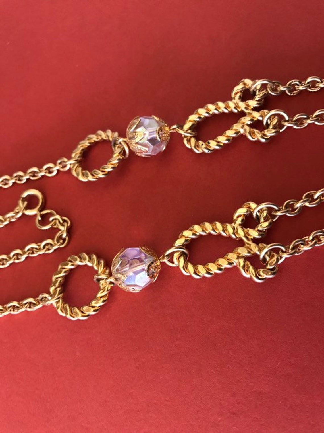 Long Gold Plated Two Layer Swag Chain Necklace With Faceted Etsy