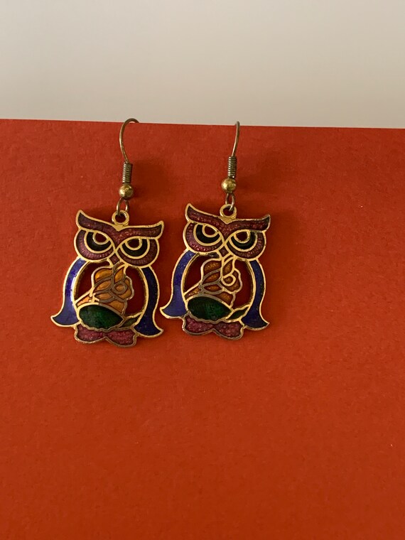 Colorful Cloisonné Enamel Owl Dangle Earrings
