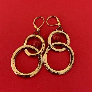 Shiny Double Hoop Dangle Earrings With Red Bead Highlights and Security Wires