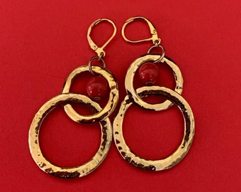 Shiny Double Hoop Dangle Earrings With Red Bead Highlights and Security Wires