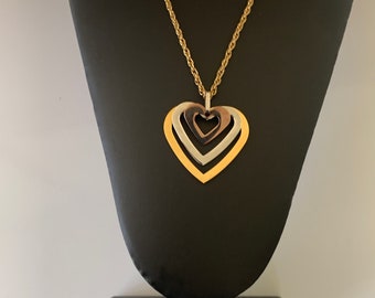 Simple Silver Gold and Copper Heart Pendant Necklace on 24 inch Chain