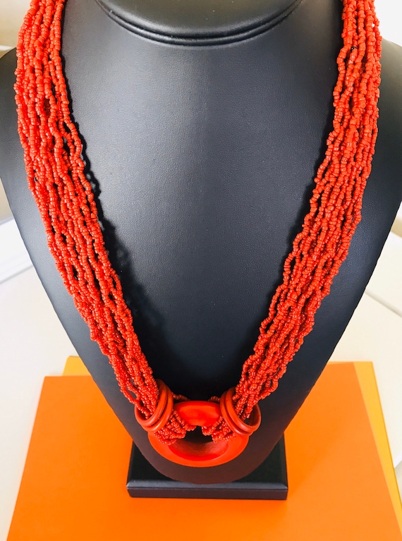 Multistrand Vintage Coral Red and Silver Glass Se… - image 1
