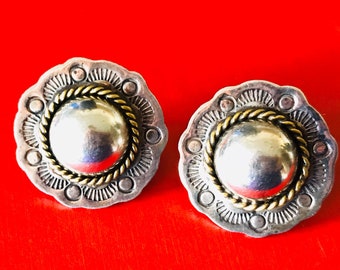 Sterling Silver Mexico Pierced Dome and Stamped Earrings With Twisted Brass Decoration