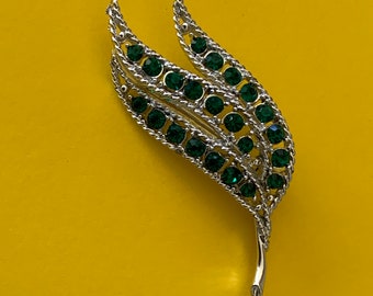 Vintage Green Rhinestone and Silver Tone Leaf Pin
