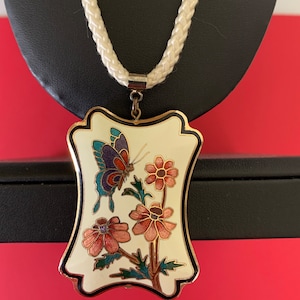 Beautiful Double Sided Blue Cloisonné Flower and Butterfly Necklace On A White Cord