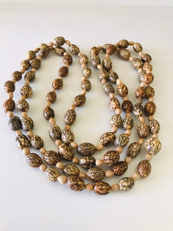 Brown Long Crackle Pattern Nuts and Taupe Seed Natural Necklace View 3