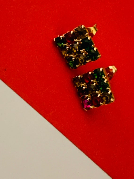 Square Multicolored Rhinestone Pierced Earrings - image 7