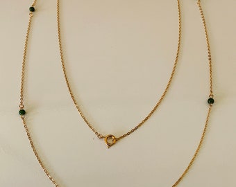 Elegant Long Jade Bead and Gold Plated Chain Necklace