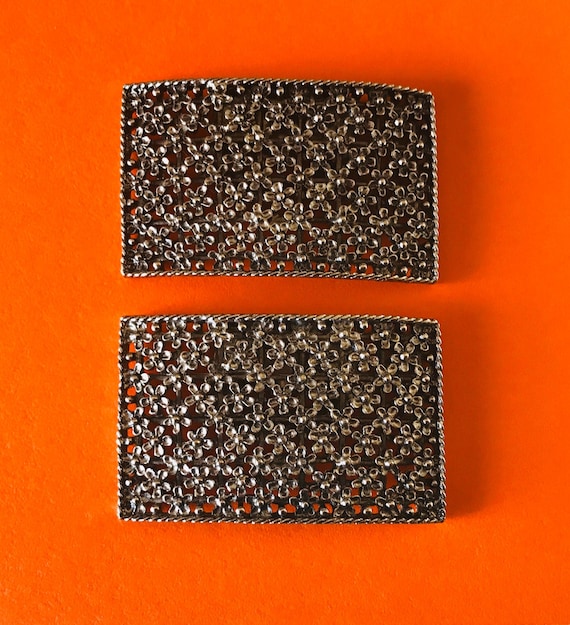 Tip Toe Large Rectangular Silver Tone Floral Vict… - image 1