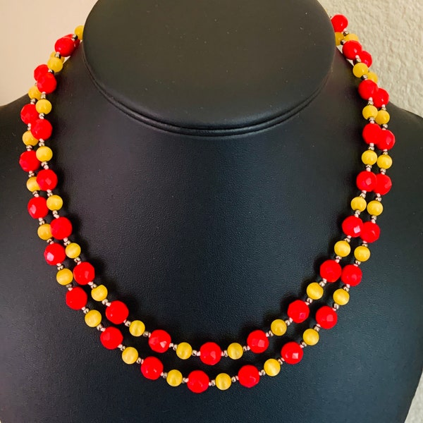 Neck Candy Mix of Bright Red Antique Faceted Beads and Yellow Fiber Optic Cat Eye Bead Necklace With Silver Tone Spacers
