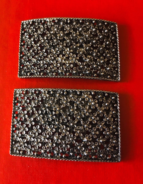 Tip Toe Large Rectangular Silver Tone Floral Vict… - image 2