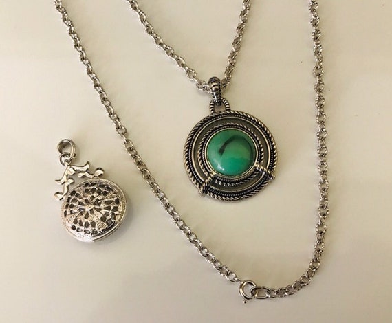 Two Silver Tone Vintage Pendants With a Nice Vintage 24 Inch Chain
