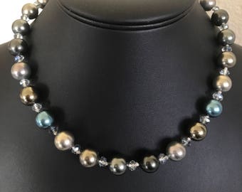 Big 12mm Mat Sea Greens and Blues Faux Pearl Beads With Faceted Glass Spacers