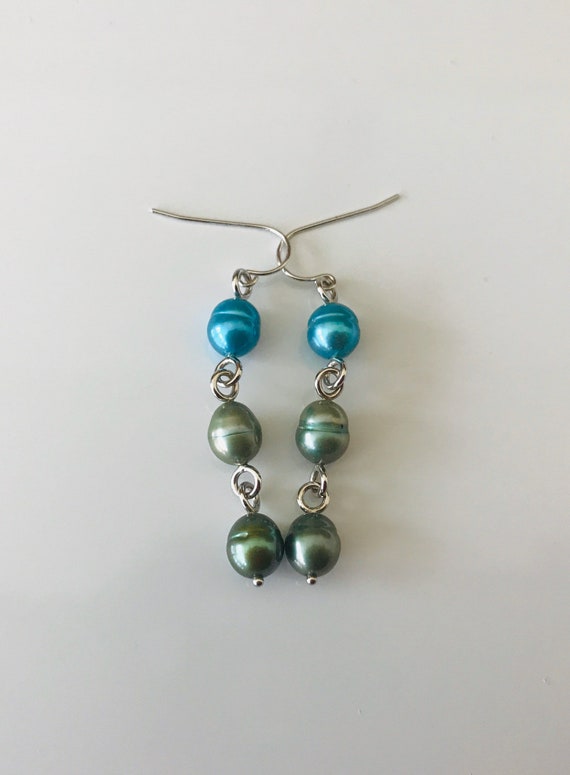 Genuine Turquoise and Green Pearl Dangle Earrings - image 4