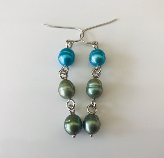 Genuine Turquoise and Green Pearl Dangle Earrings - image 1