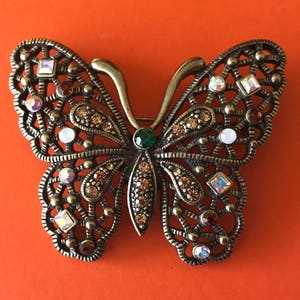 Multicolored and AB Rhinestone Bronze Gold Butterfly Brooch