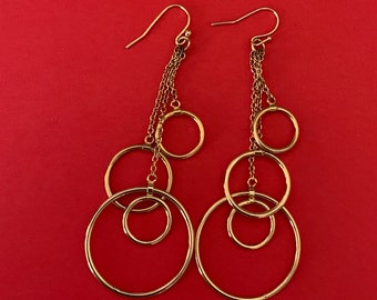 Shiny Long Four Hoop and Chain Dangle Earrings