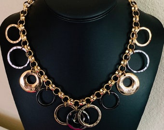 Chunky Gold and Gun Metal Black Round Ring Choker Necklace