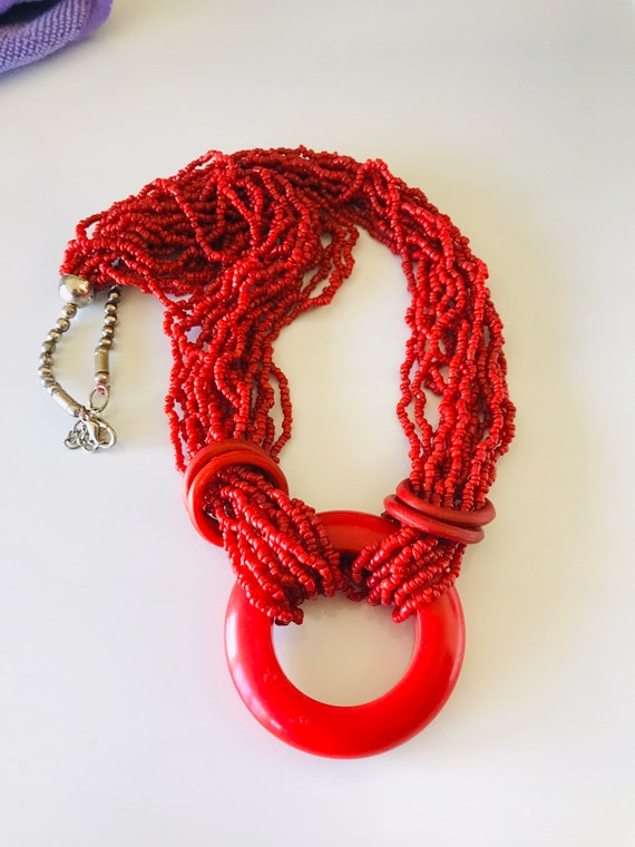 Multistrand Vintage Coral Red and Silver Glass Se… - image 9