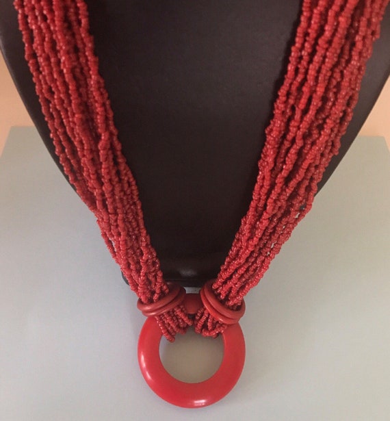 Multistrand Vintage Coral Red and Silver Glass Se… - image 2