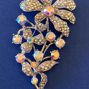 Vintage Large Aurora Borealis Pave Rhinestone Flower Silver Tone Brooch