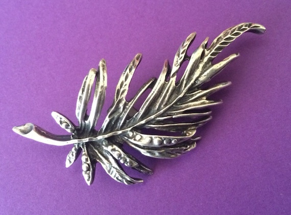 Vintage Sterling Silver Feather Leaf Brooch Signe… - image 1