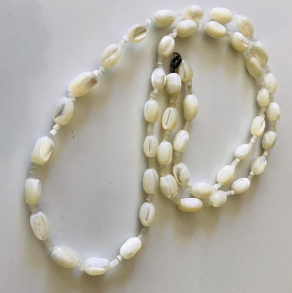 Long Mother of Pearl Bead Necklace With Cat Eye Stone Spacers