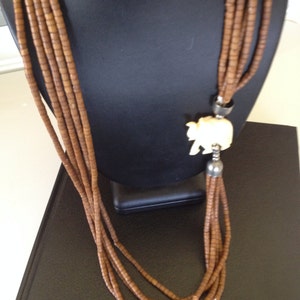 Carved Bone Elephant and Five Layers Brown Glass Tribal StyleTrade Beads Necklace