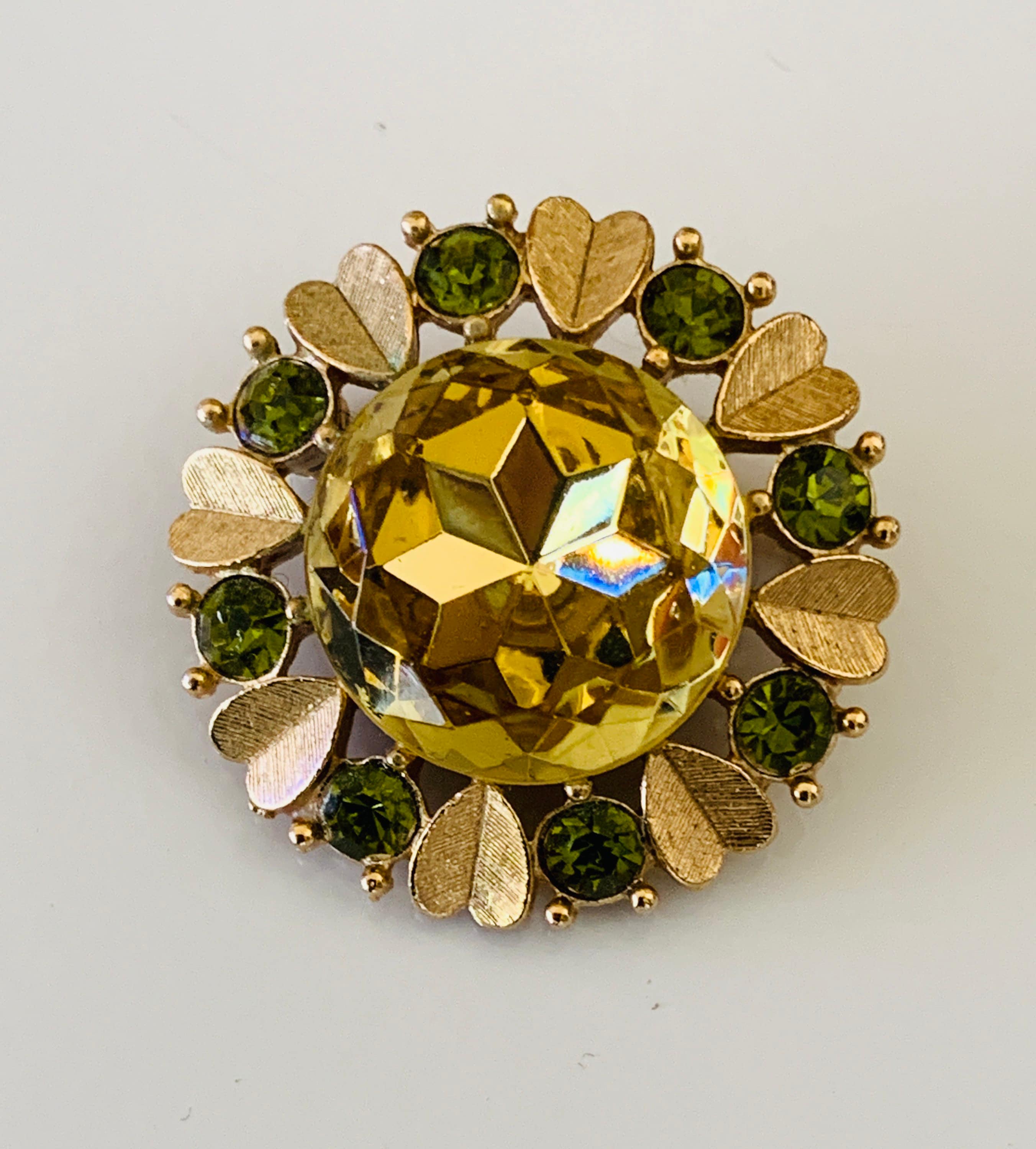 Avon Lovely Round Green and Yellow Rhinestone and Brooch