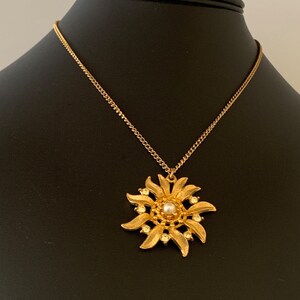 Faux Pearl and Rhinestone Shiny Gold Plated Flower Pendant Necklace Probably From the 1970&#39;s