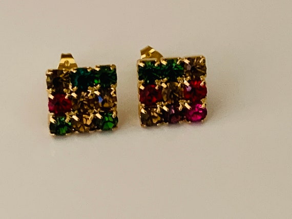 Square Multicolored Rhinestone Pierced Earrings - image 2