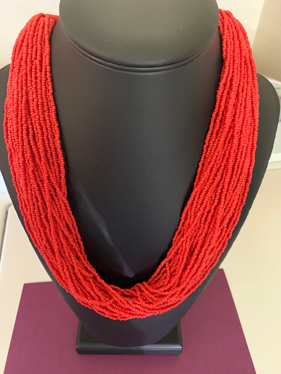 50 layer Red Seed Bead Necklace with String Wrapp… - image 9