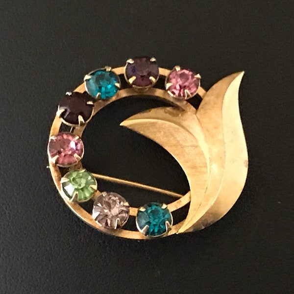 Catamore 1/20 12K Gold Filled Small Multicolored Chaton Rhinestone Brooch