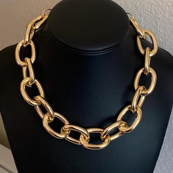 Bright Gold Simple Big Chain Link Choker Necklace
