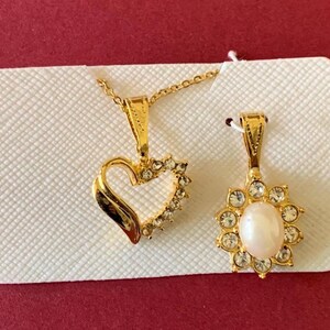 Two Faux Pearl and Rhinestone Shiny Gold Plated Pendants With a 18 Inch Chain