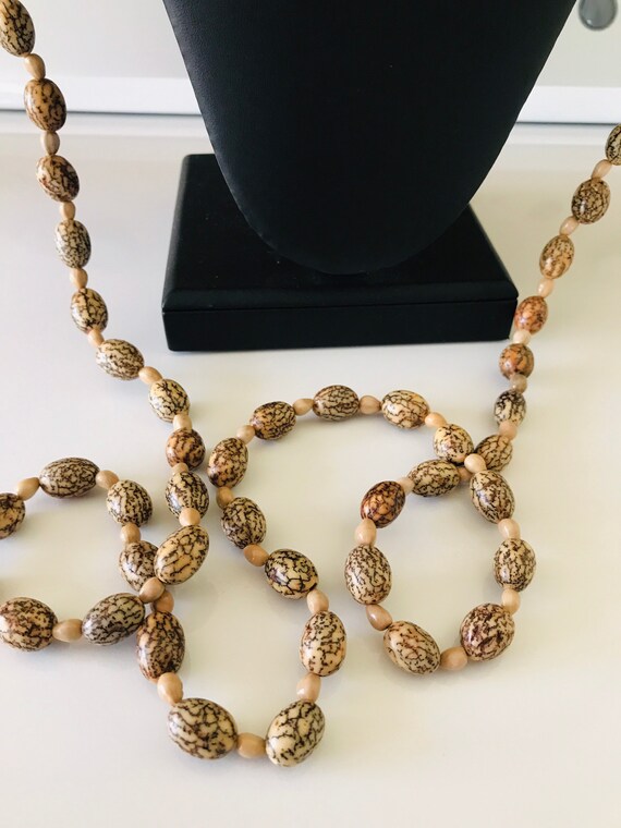 Brown Long Crackle Pattern Nuts and Taupe Seed Natural Necklace View 6