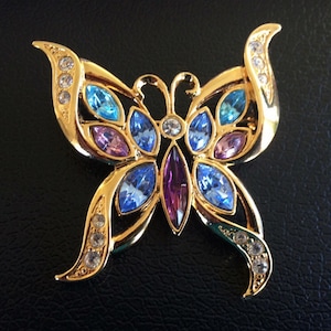 Large Two Inch Gold Plated and Rhinestone Butterfly Brooch