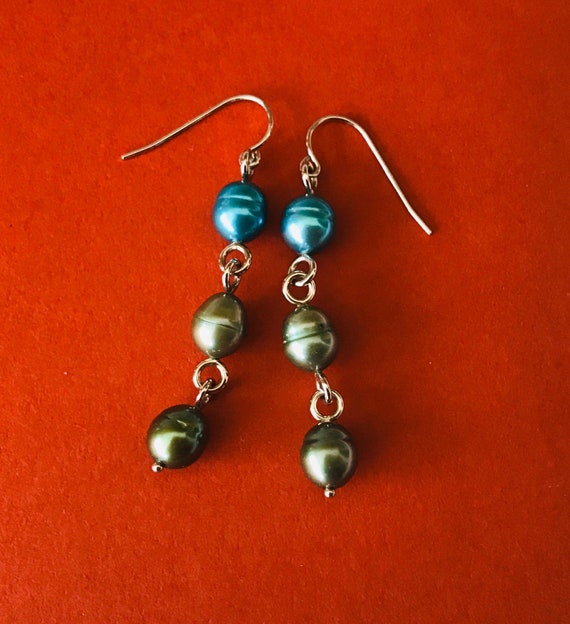 Genuine Turquoise and Green Pearl Dangle Earrings - image 3