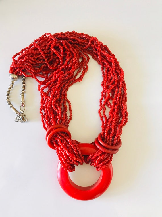 Multistrand Vintage Coral Red and Silver Glass Se… - image 8