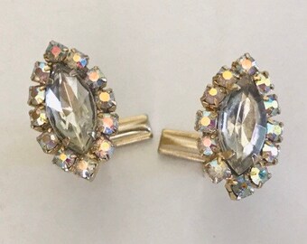 Clear and Aurora Borealis Rhinestone Gold Tone Vintage Cuff Links