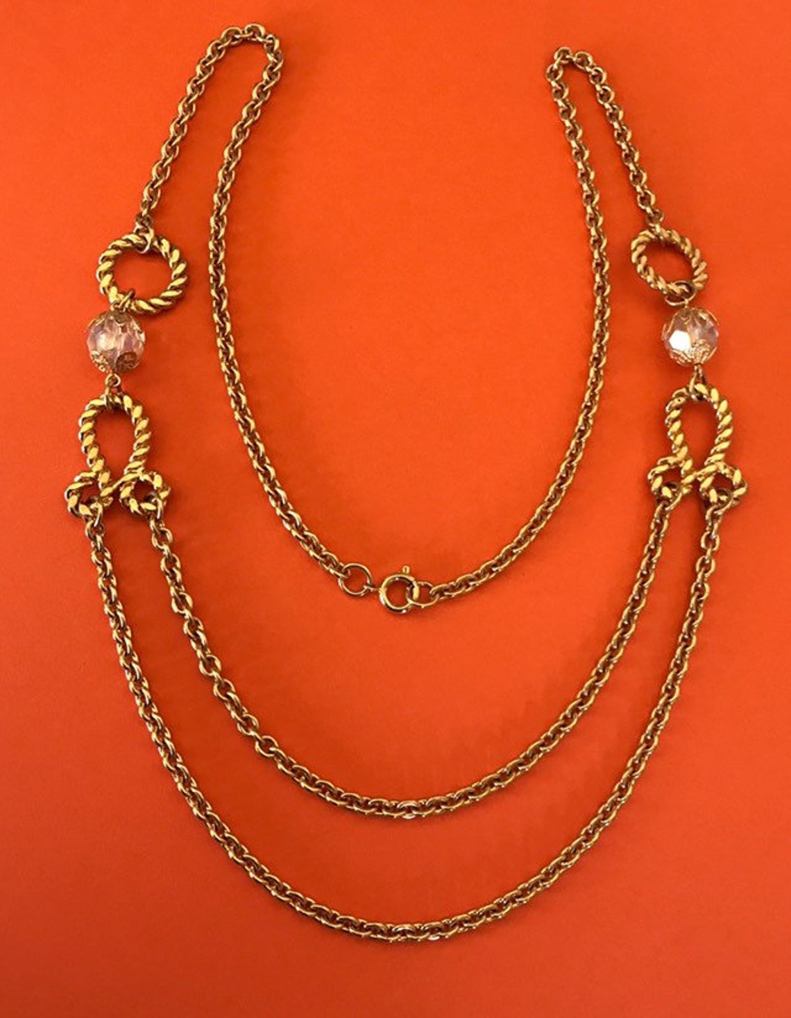 Long Gold Plated Two Layer Swag Chain Necklace With Faceted Etsy