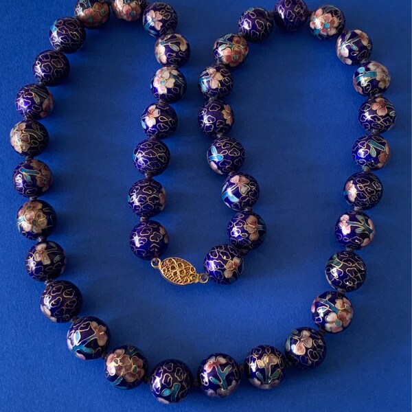 Vintage Chinese Individually Tied Cobalt Blue Cloisonne Enamel Floral Bead Necklace With Chinese Clasp