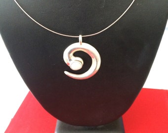 Sterling Silver Round Choker Collar Necklace With Native American Made Swirl Pendant