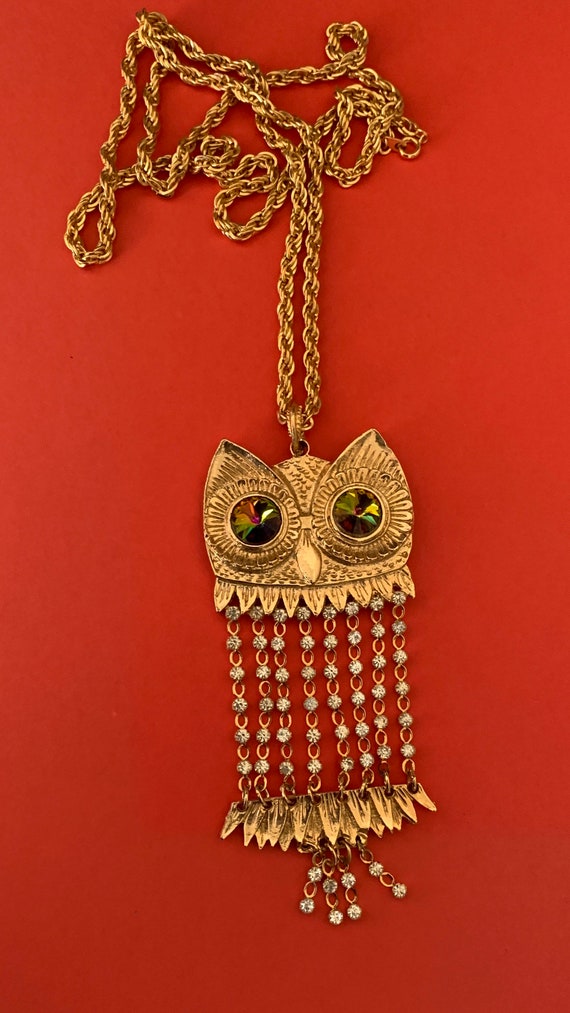 Articulated Owl Pendant Necklace With Rainbow Rho… - image 3