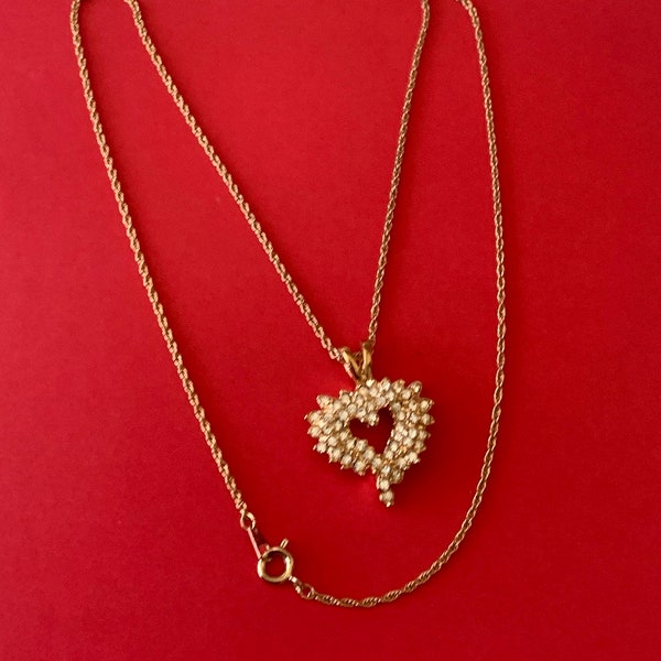 Pretty signed ROMAN gold tone pave studded heart pendant necklace