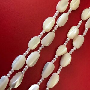 Long Mother of Pearl Bead Necklace With Three Faux Pearl Spacers Between Each Bead image 4