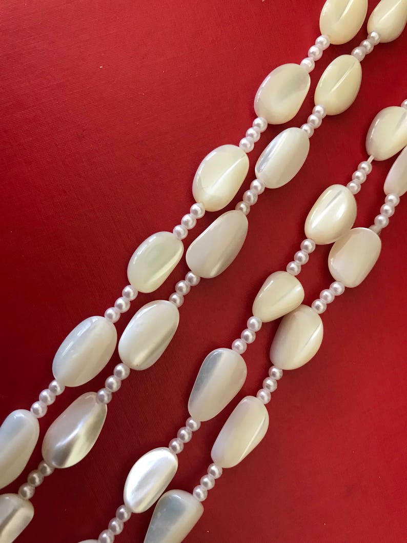 Long Mother of Pearl Bead Necklace With Three Faux Pearl Spacers Between Each Bead image 4